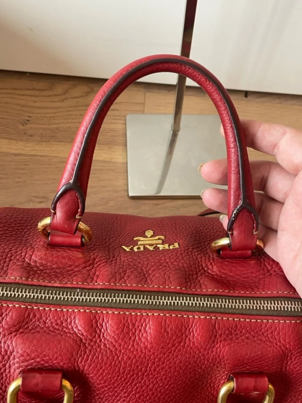 Prada Red Pebbled Leather Shoulder Bag with Gold Hardware - Picture 9 of 16